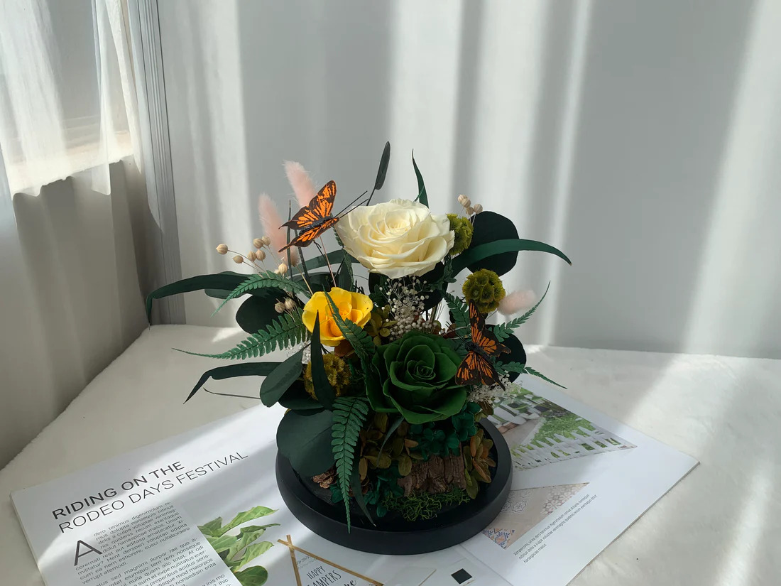 حديقة ورد أبيض داخل قبة زجاج 'نباتات وأزهار محفوظة ترتيبات محفوظة